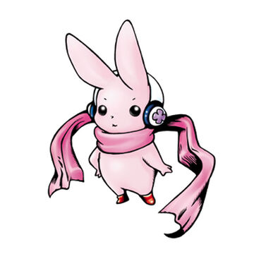 Cutemon adorable pink bunny Digimon with scarf and headphones
