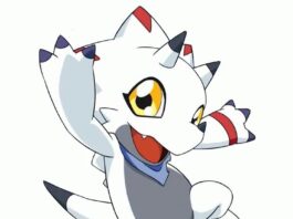 Gammamon adorable white dinosaur Digimon with orange markings enjoying chocolate