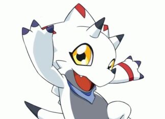12 Cutest Digimon That Will Melt Your Heart, Ranked Gammamon adorable white dinosaur Digimon with orange markings enjoying chocolate