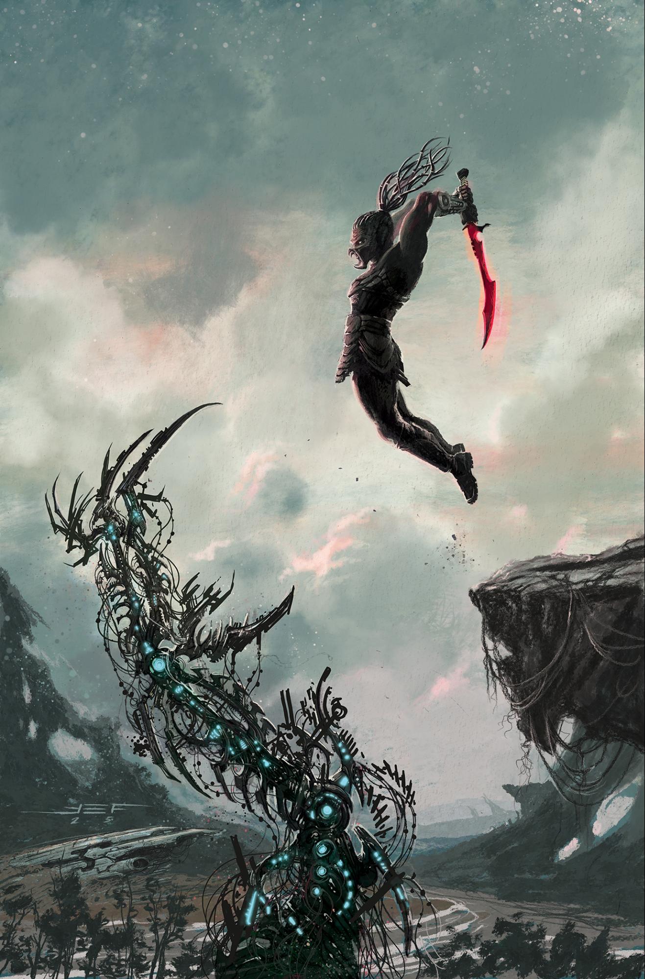 Juan Ferreyra's cover art for Predator: Badlands #1 showcases the young Yautja warrior Dek in action