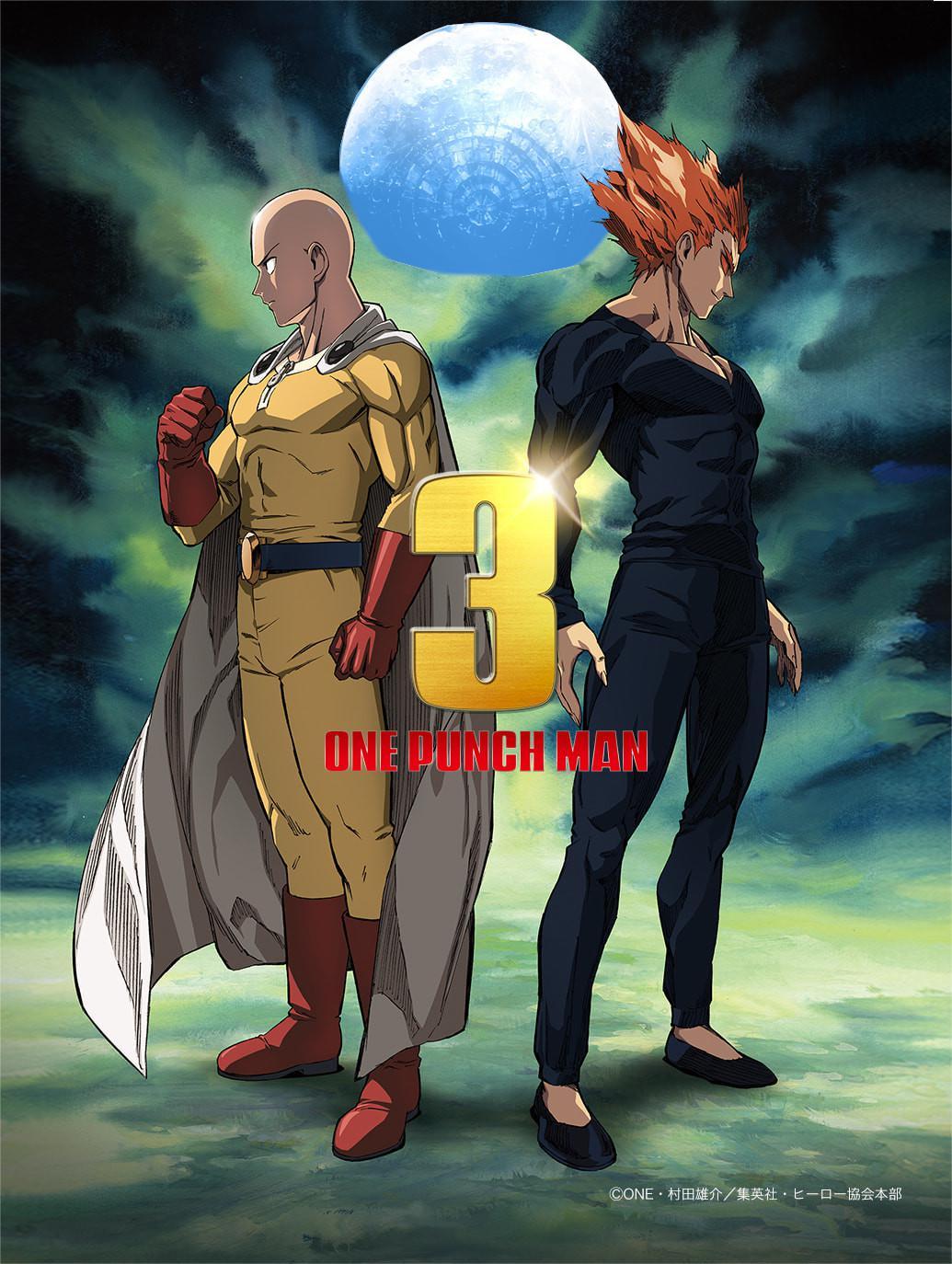 One Punch Man Season 3 promotional poster featuring Saitama and Genos