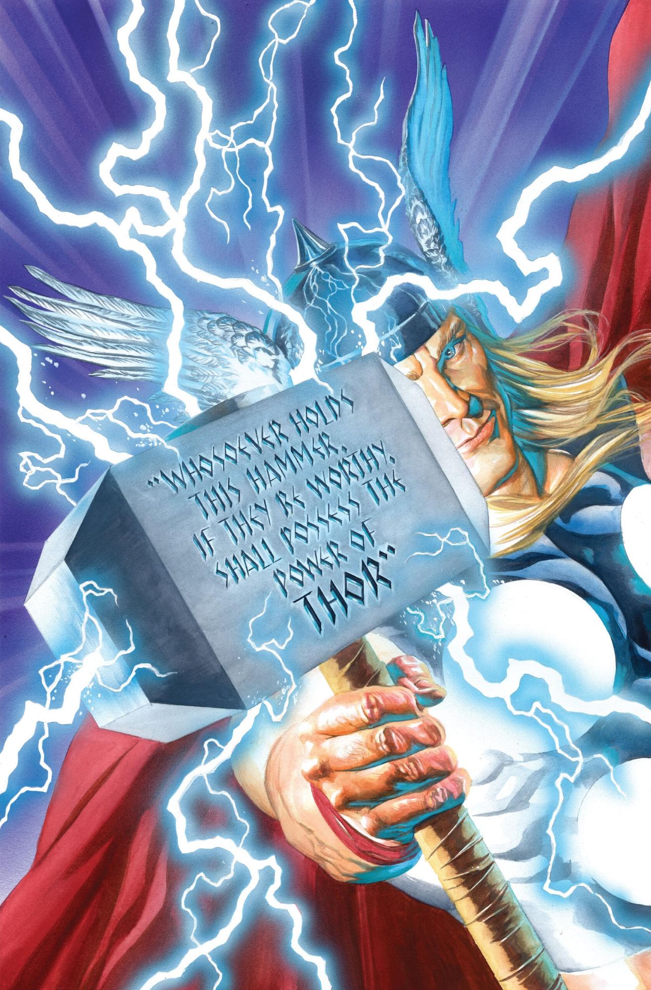 Thor wielding Mjolnir with divine lightning