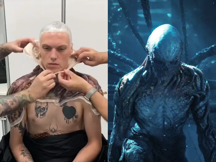 Jamie Campbell Bower in makeup chair getting Vecna prosthetics applied, showing the transformation process