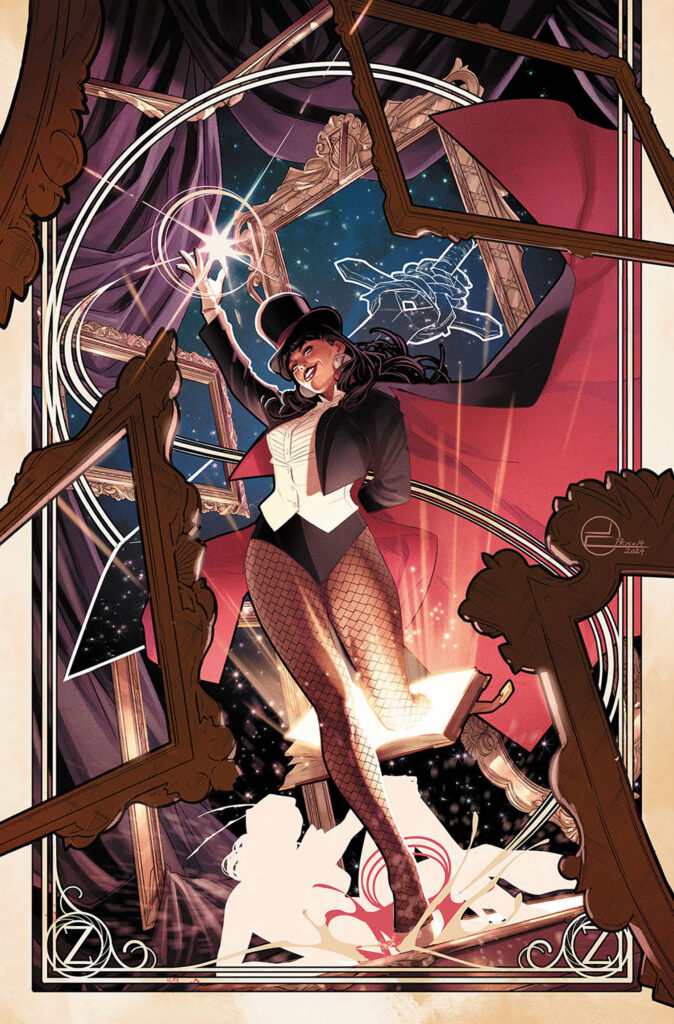 Zatanna wearing her iconic black tuxedo outfit with top hat