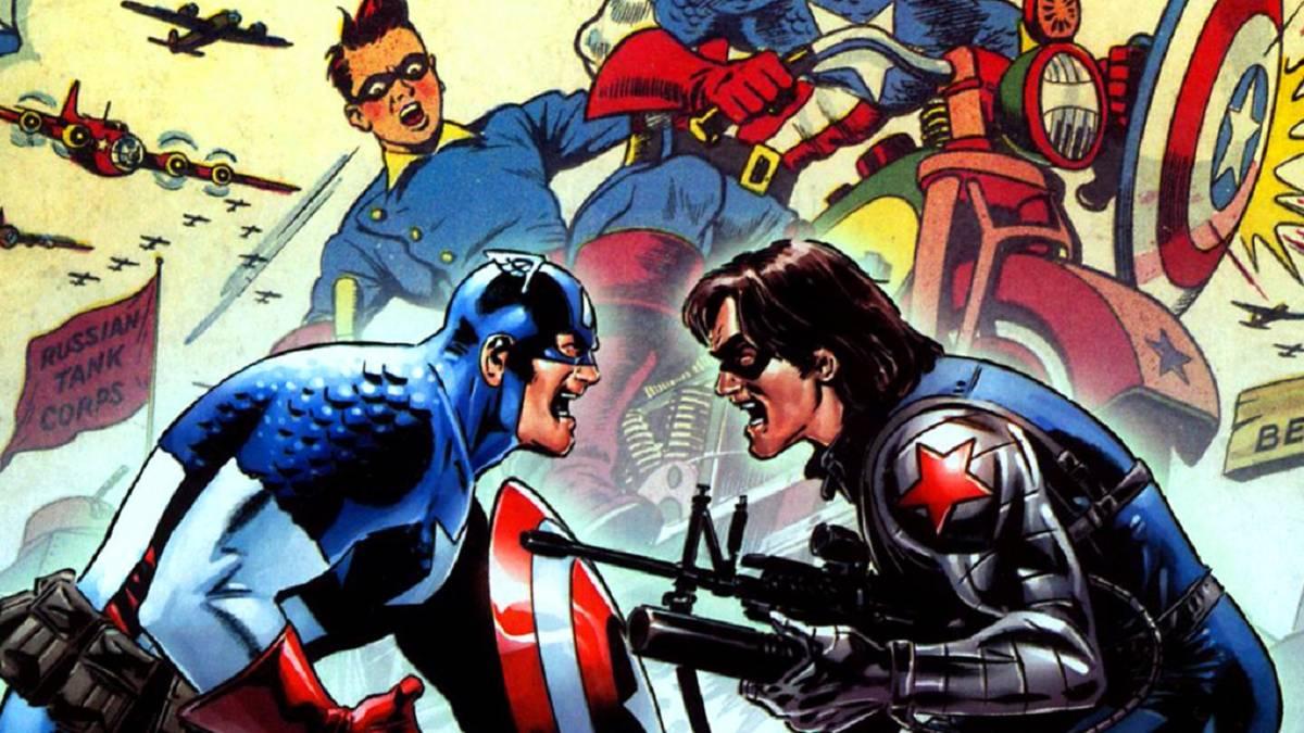 A collage of famous comic book retcons, including Captain America vs. the Winter Soldier and the cover of Spider-Man: One More Day.