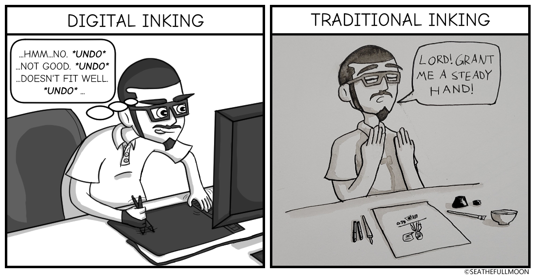 A comic panel showing the difference between digital and traditional inking.