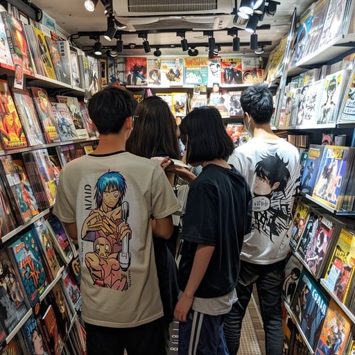 A group of people browsing comics in a local comic shop.