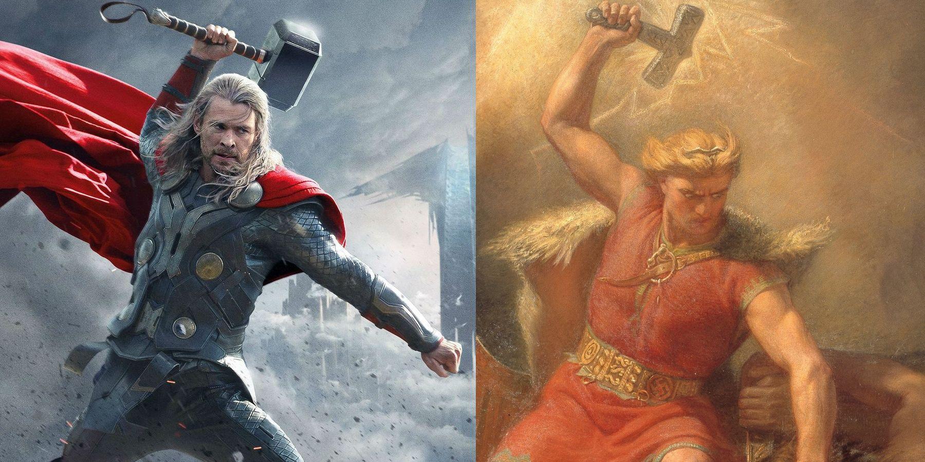 A side-by-side comparison of the comic book Thor and the mythological Thor.