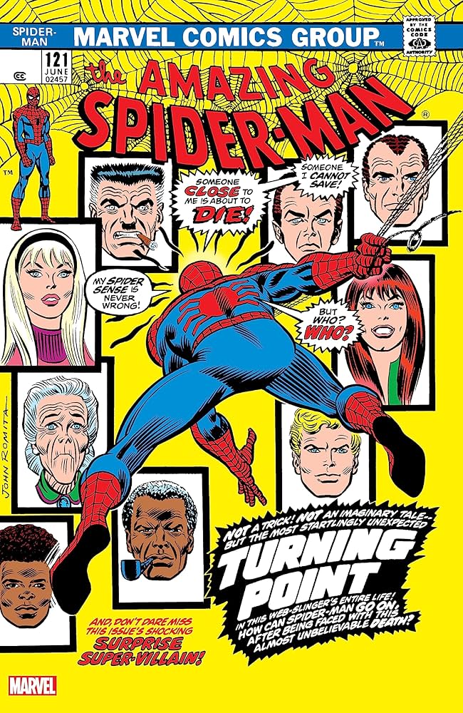Amazing Spider-Man 121 comic cover showing multiple character faces including Spider-Man and Gwen Stacy