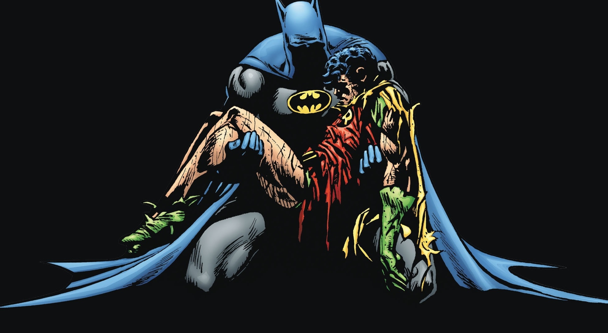 Batman holding the lifeless body of Jason Todd Robin after the Joker's attack
