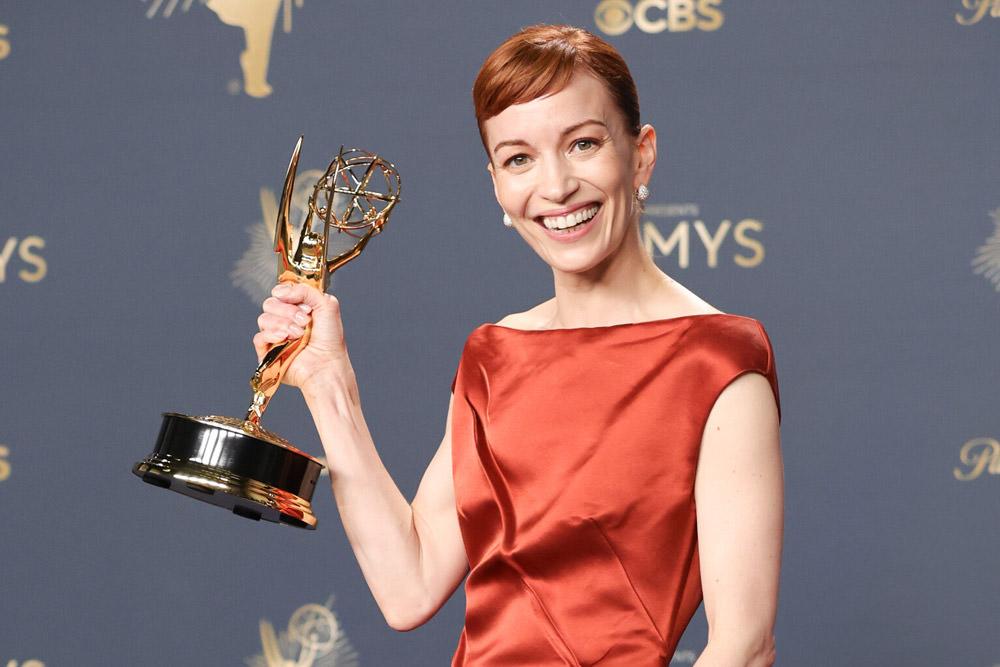 Britt Lower celebrates her Outstanding Lead Actress Emmy win for her role as Helly R in Severance Season 2
