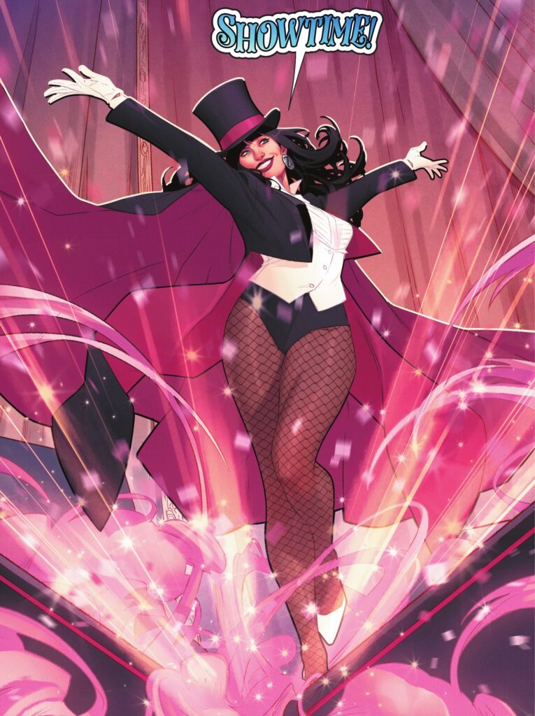 Zatanna casting magical spells with purple energy surrounding her hands