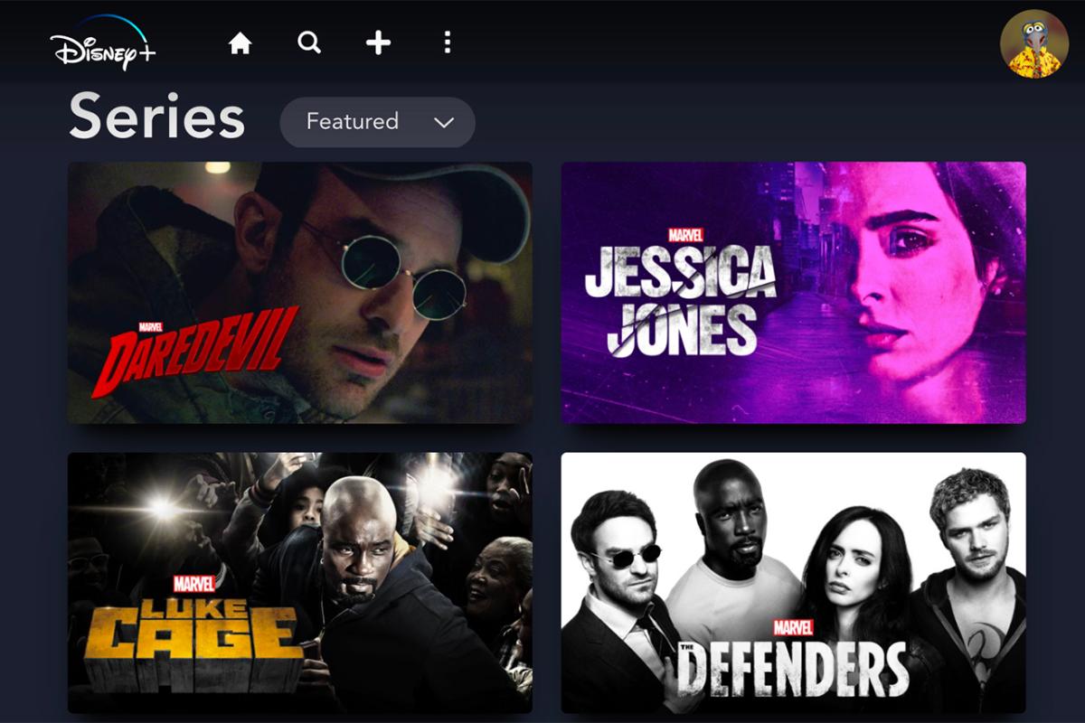 Disney+ interface showing mature content including Marvel properties