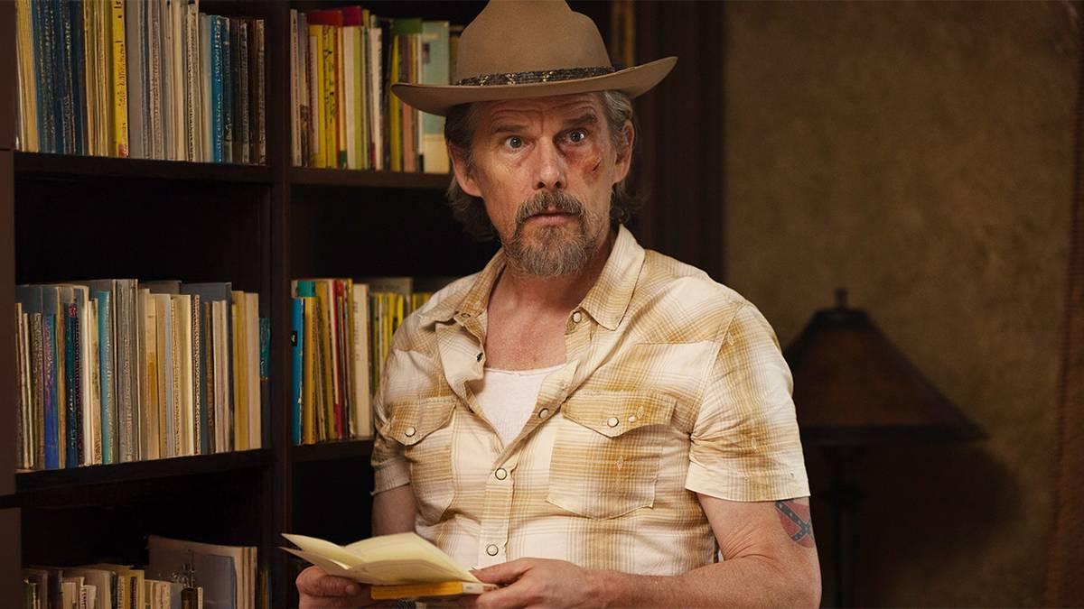 Ethan Hawke as Lee Raybon in his bookstore in The Lowdown