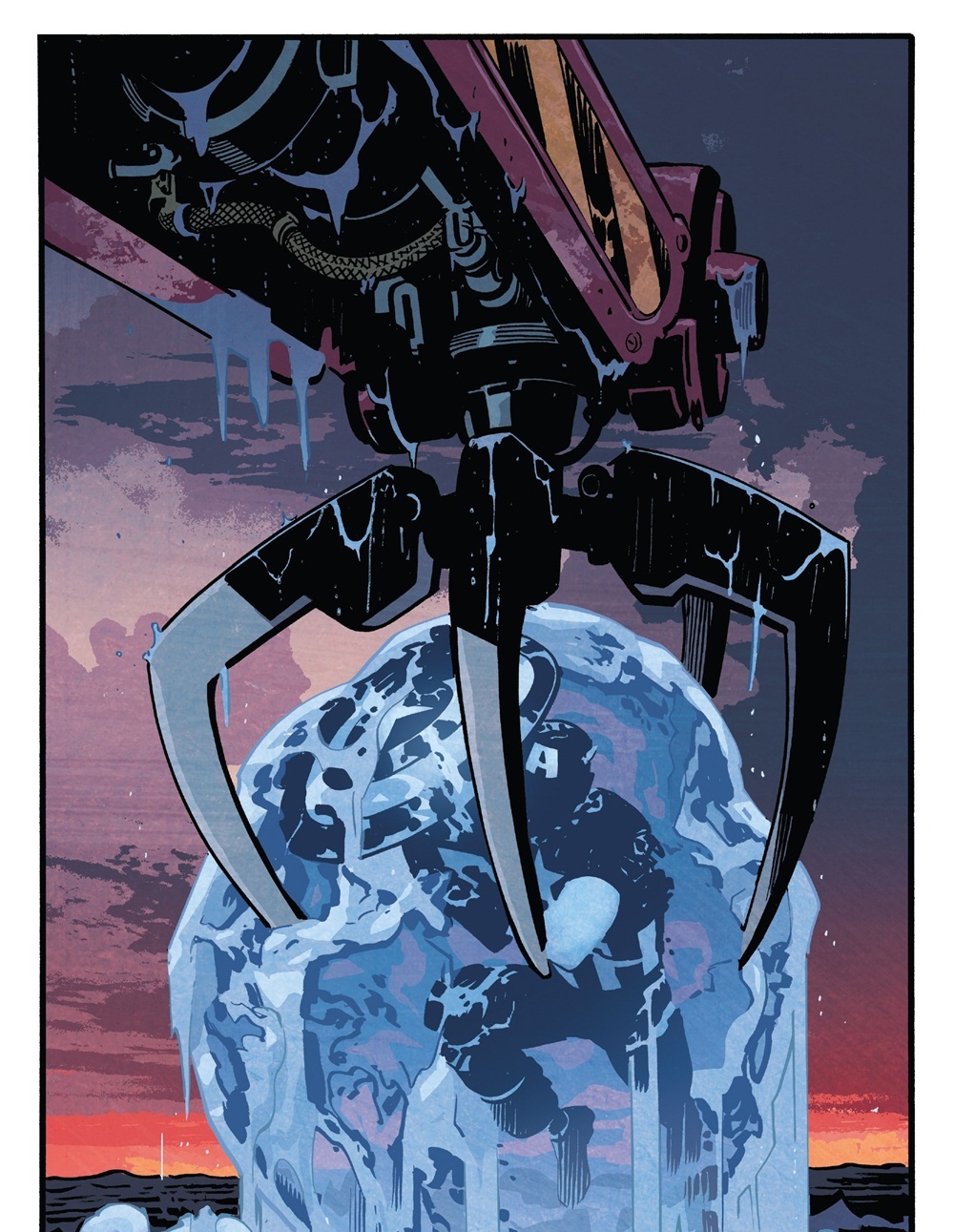 The Avengers find Captain America frozen in a block of ice, a foundational retcon for Marvel Comics.