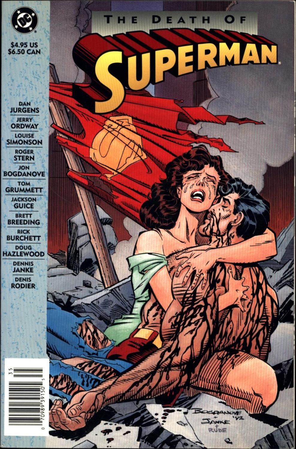 The Death of Superman comic book cover showing Superman's cape torn and tattered