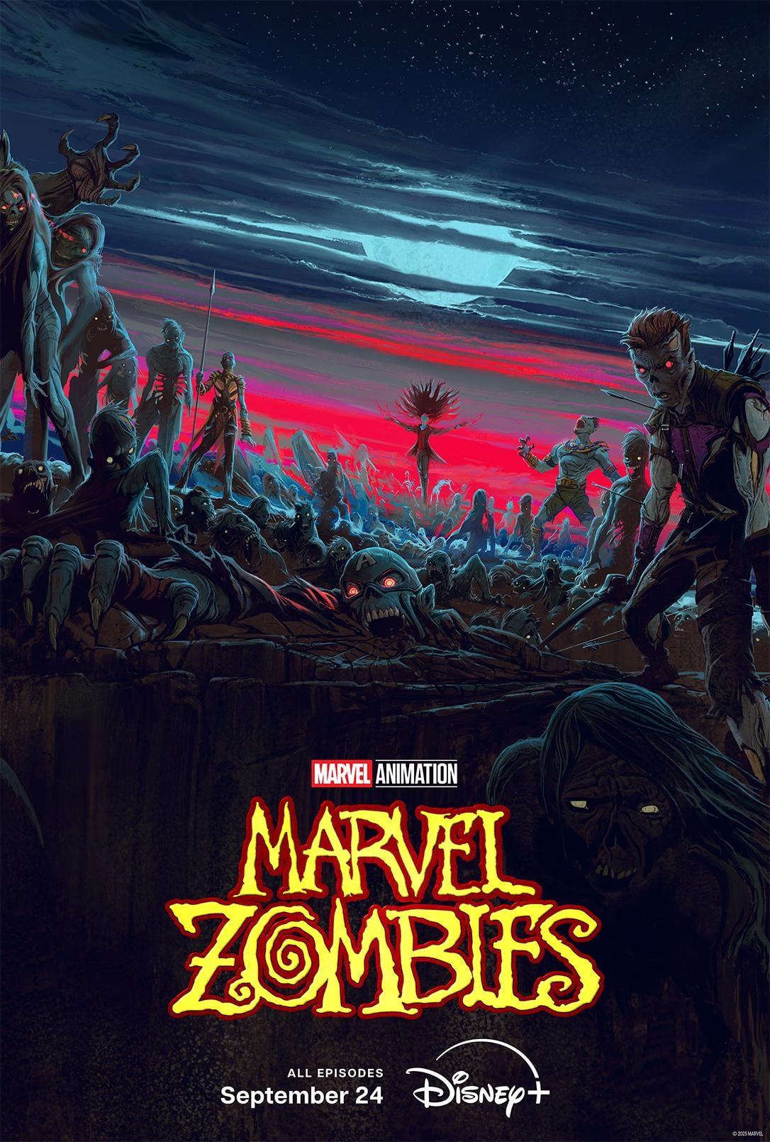 The official poster for Marvel Zombies showcases the dark, apocalyptic tone of the Disney+ series