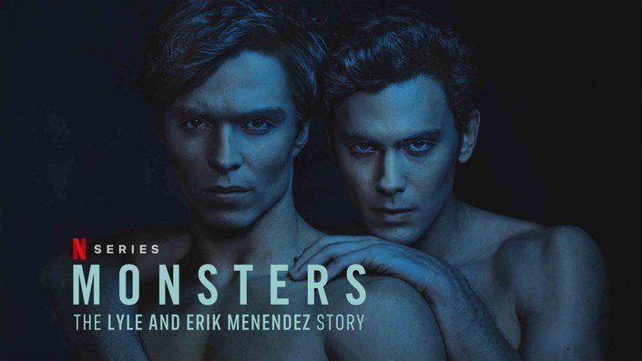 A promotional poster for Netflix's Monsters: The Lyle and Erik Menendez Story, featuring the lead actors in a dark and moody setting.