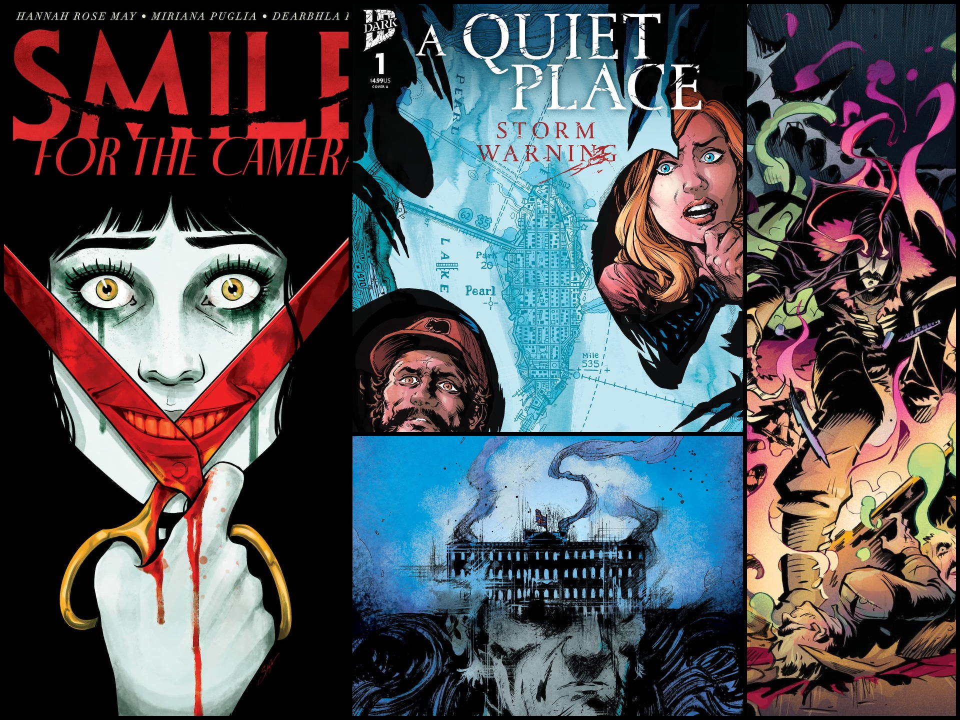 Comic book covers for IDW Dark's 2026 horror series including Smile For the Camera and A Quiet Place Storm Warning