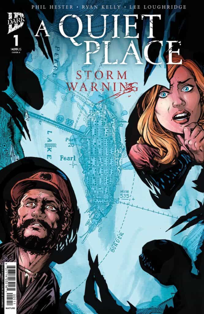 Cover art for A Quiet Place Storm Warning comic showing characters in tense survival situation
