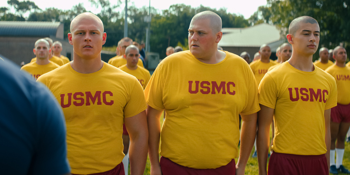 Miles Heizer and the cast of Boots in Netflix's military drama series