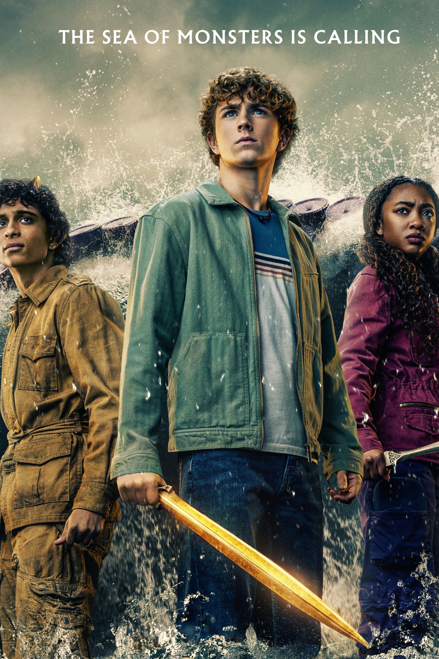 Percy Jackson and the Olympians Season 2 official poster featuring Walker Scobell, Aryan Simhadri, and Leah Sava Jeffries
