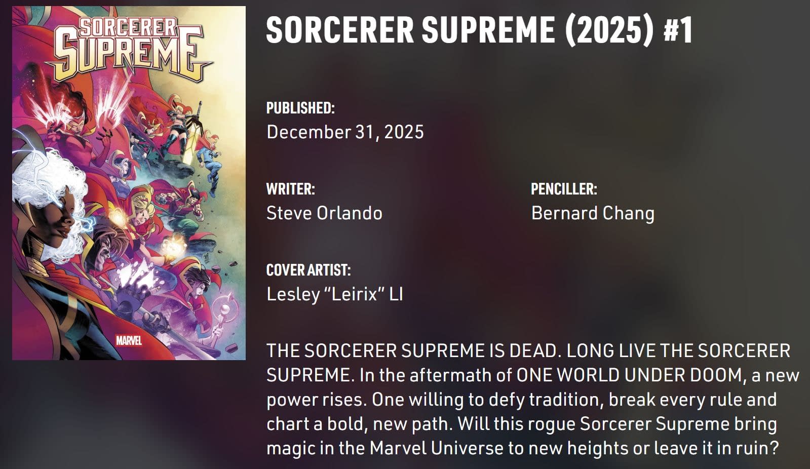 The teaser art for Sorcerer Supreme #2 features multiple candidates including Storm, Gambit, Wanda Maximoff, Susan Storm, and Nico Minoru