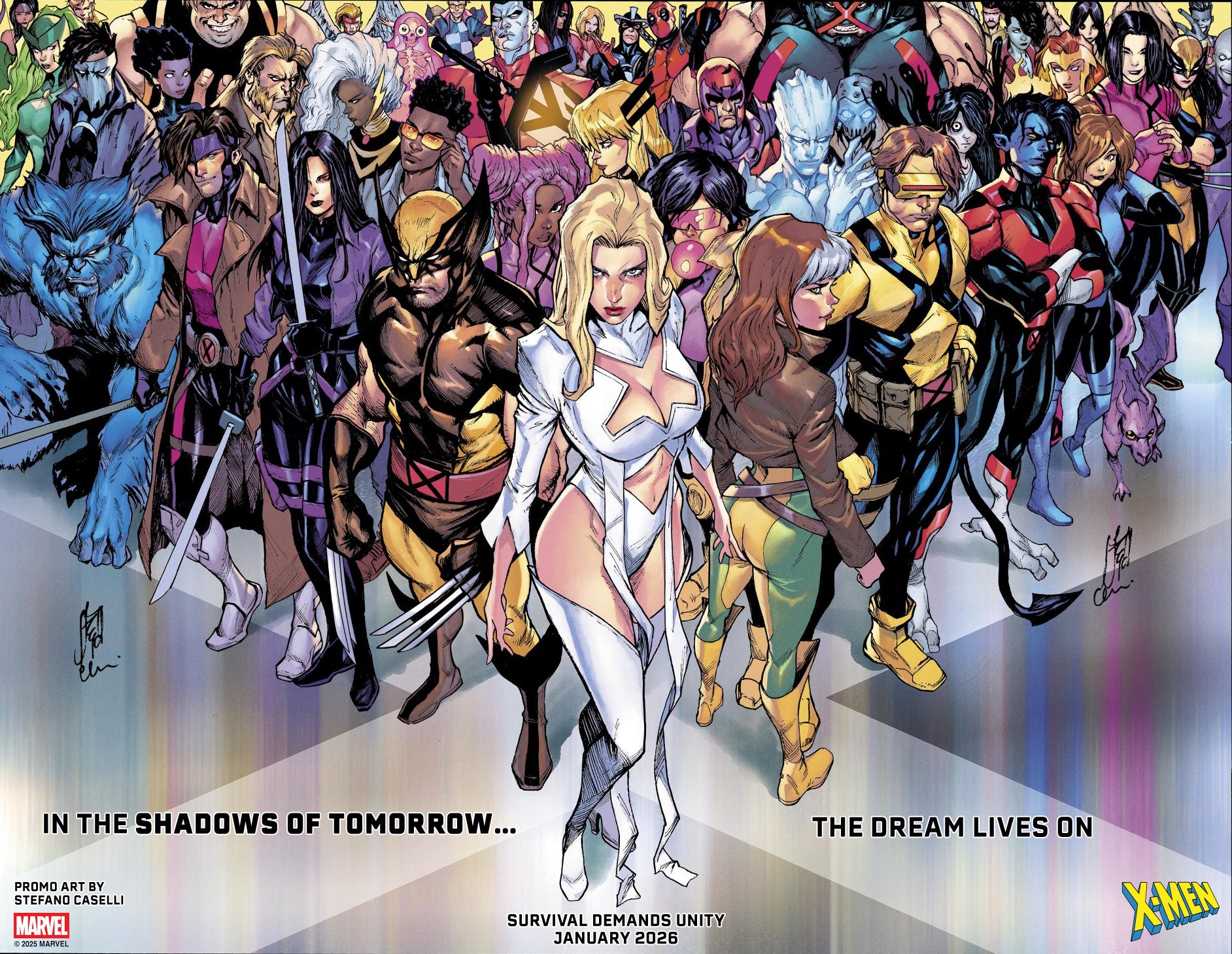 X-Men Shadows of Tomorrow promotional artwork featuring Emma Frost, Cyclops, and other mutants with text "In the Shadows of Tomorrow... The Dream Lives On"