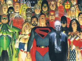 A gathering of DC heroes from Kingdom Come, including Superman, Wonder Woman, and Batman, painted in Alex Ross's signature realistic style.