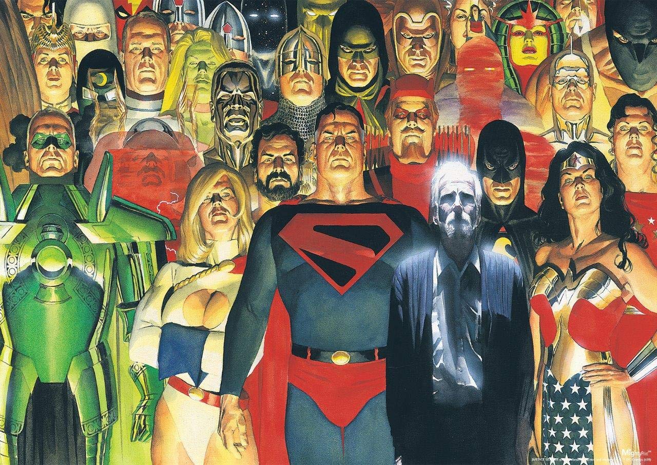A gathering of DC heroes from Kingdom Come, including Superman, Wonder Woman, and Batman, painted in Alex Ross's signature realistic style.