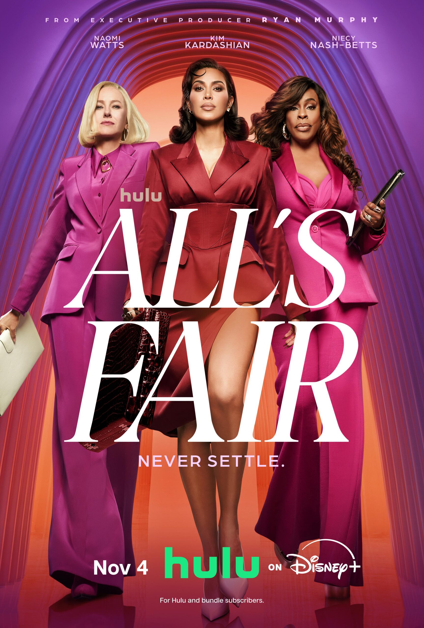 All's Fair official poster showing cast members in purple and red tones with Hulu branding