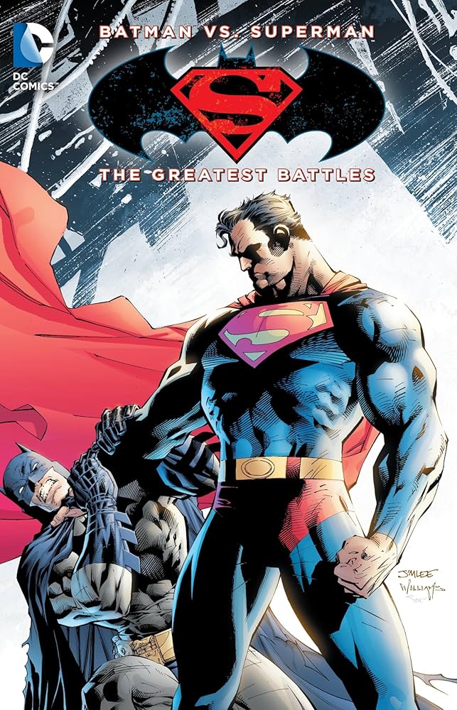 Batman and Superman face off in an iconic comic panel
