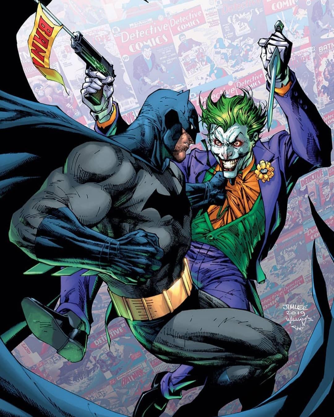 Batman and the Joker face off in a classic comic panel.