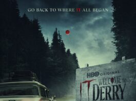 Official promotional poster for IT: Welcome to Derry showing the HBO Original branding with Pennywise's signature red balloon against a dark forest backdrop