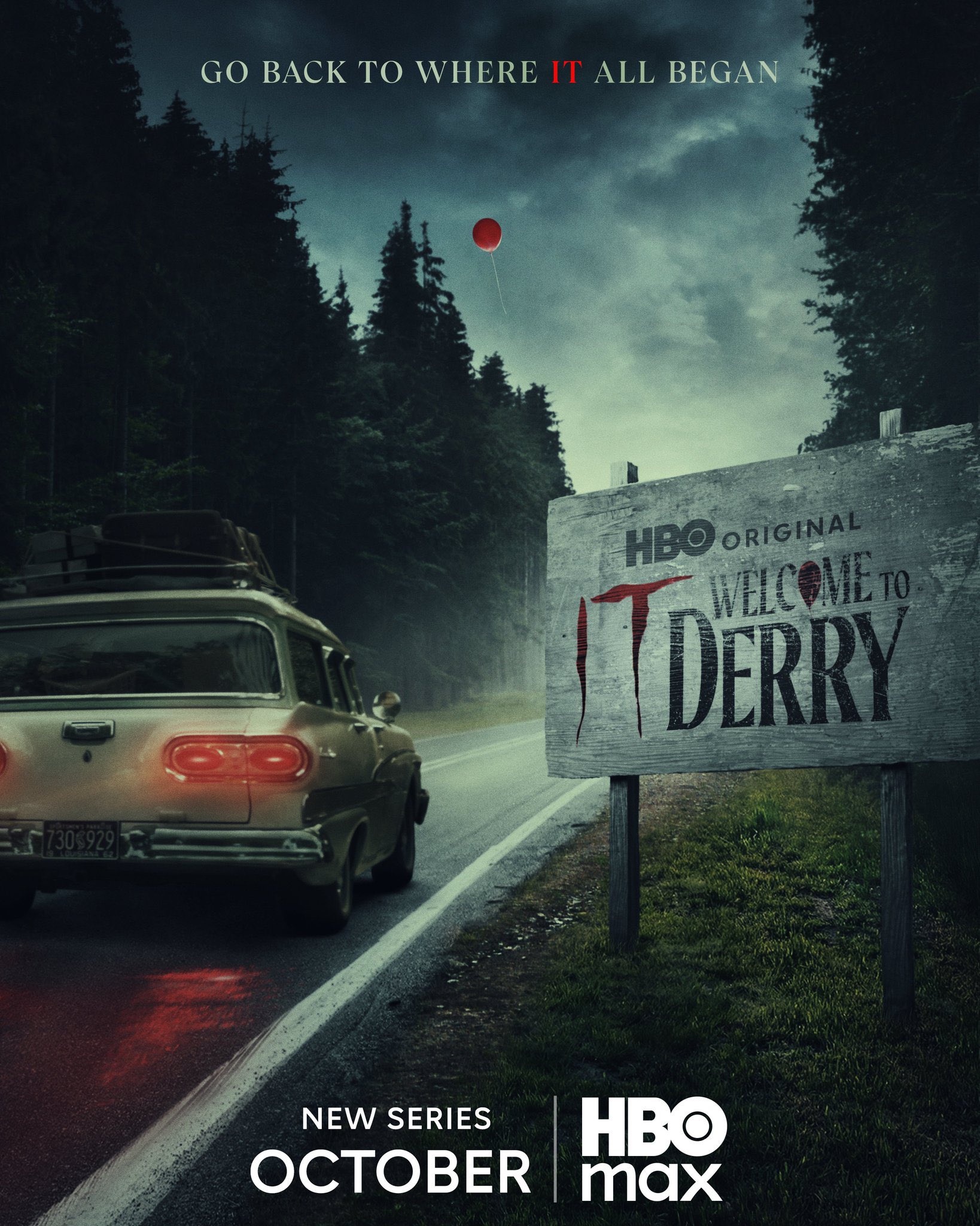 Official promotional poster for IT: Welcome to Derry showing the HBO Original branding with Pennywise's signature red balloon against a dark forest backdrop