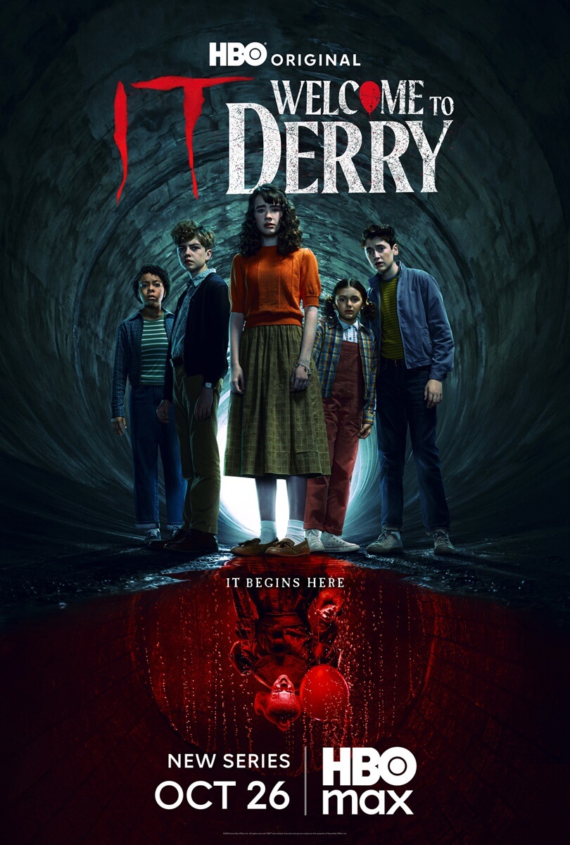 The cast of IT: Welcome to Derry featuring the main characters with Pennywise looming menacingly above them in the official promotional poster