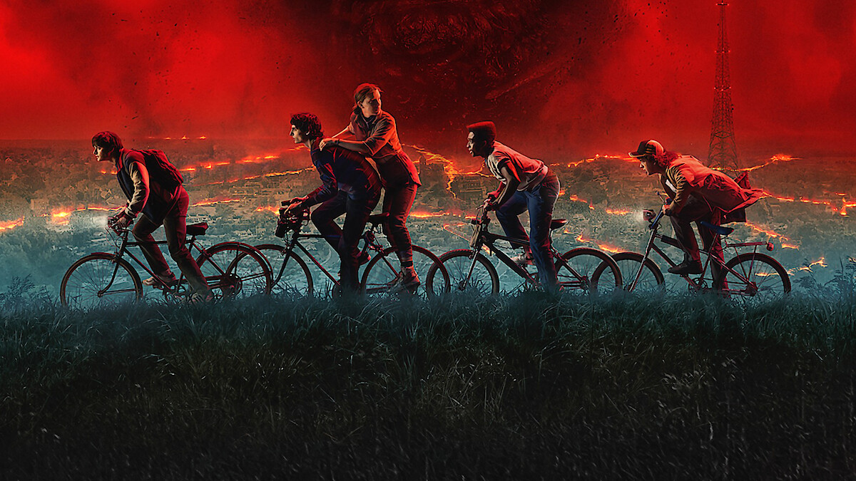 Stranger Things Season 5 cast riding bikes against red apocalyptic sky