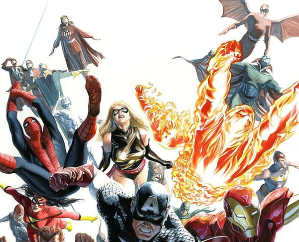 The Avengers team assembled together in dynamic action poses featuring Iron Man, Captain America, Thor, and other heroes
