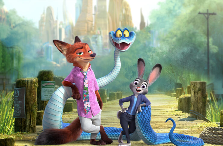 Zootopia 2 characters Judy Hopps Nick Wilde and Gary the snake in an official movie still