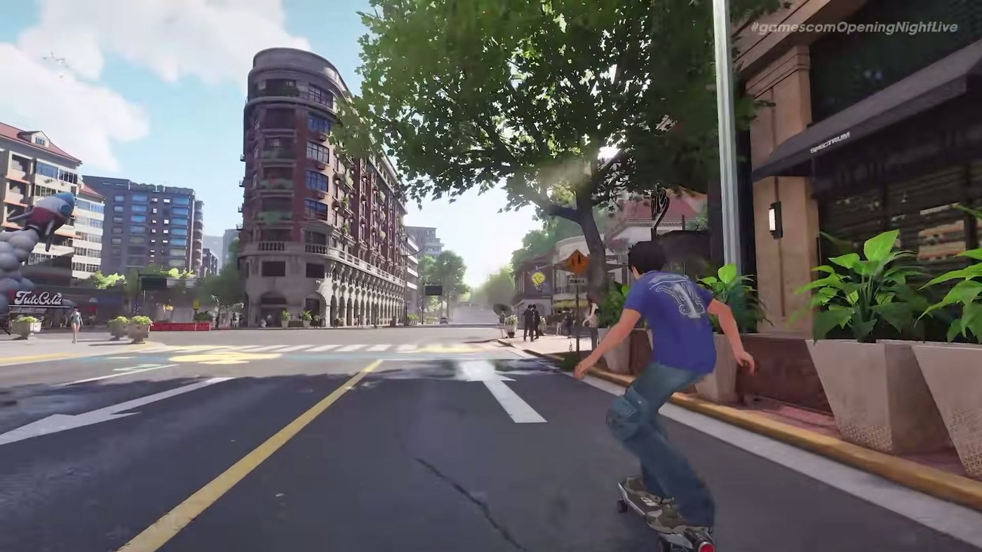 Ananta gameplay screenshot of a character skateboarding through a city street