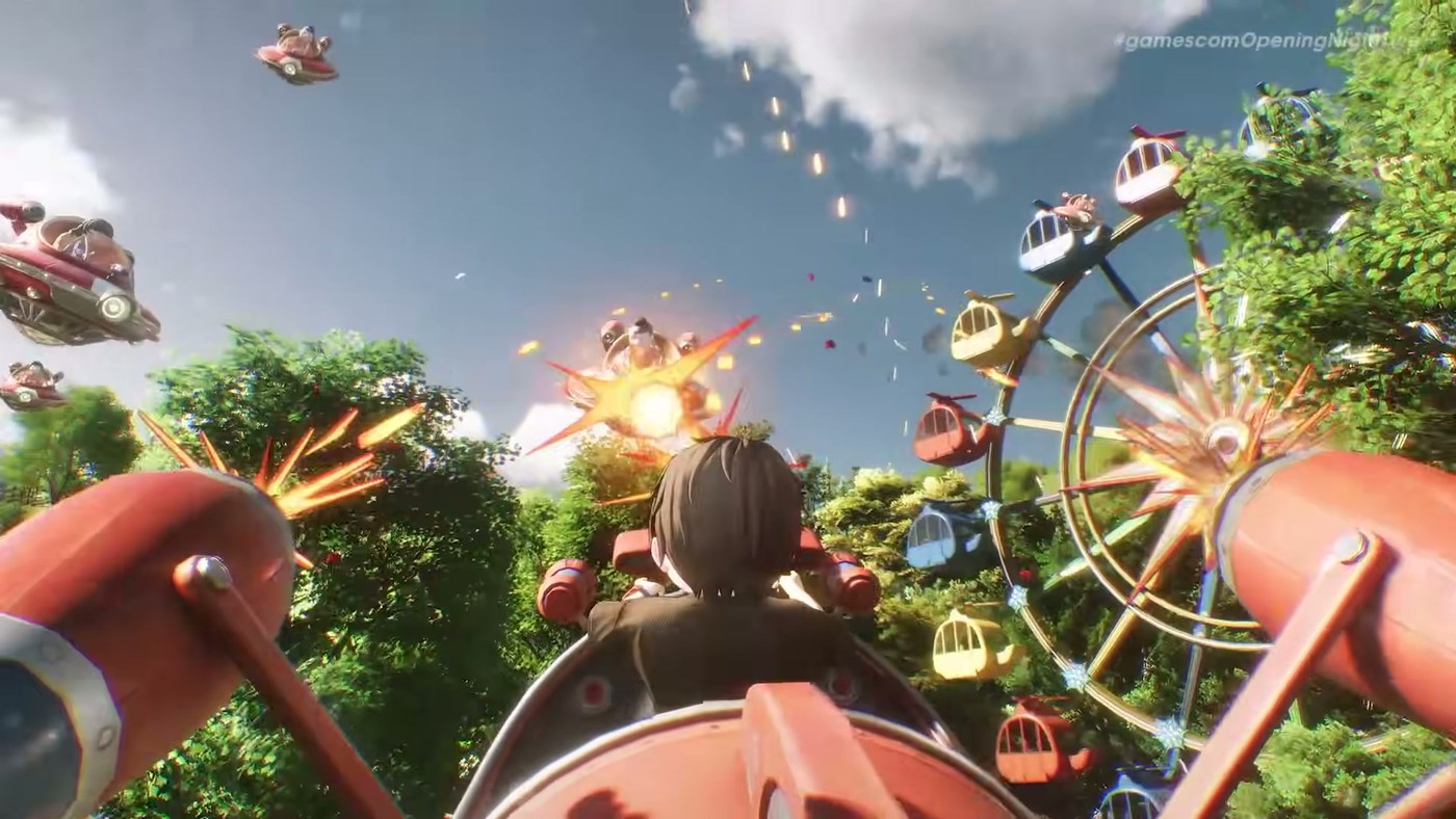 Ananta gameplay showing a rocket-powered vehicle chase through an amusement park during combat