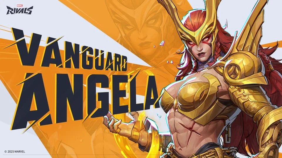 Marvel Rivals hero card introducing Angela as a Vanguard