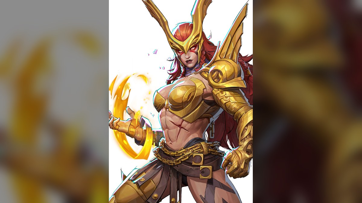 Angela the Vanguard hero in Marvel Rivals, in gold armour with a winged helm