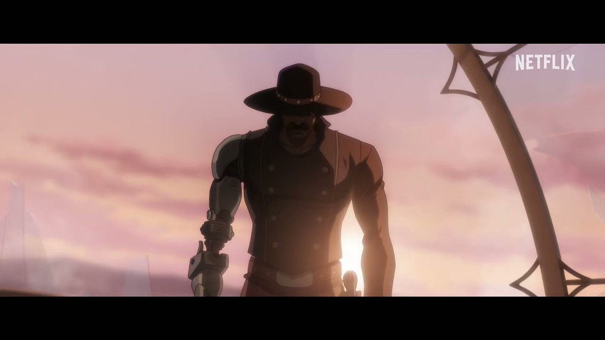 Bass silhouetted against a sunset in the Bass X Machina teaser
