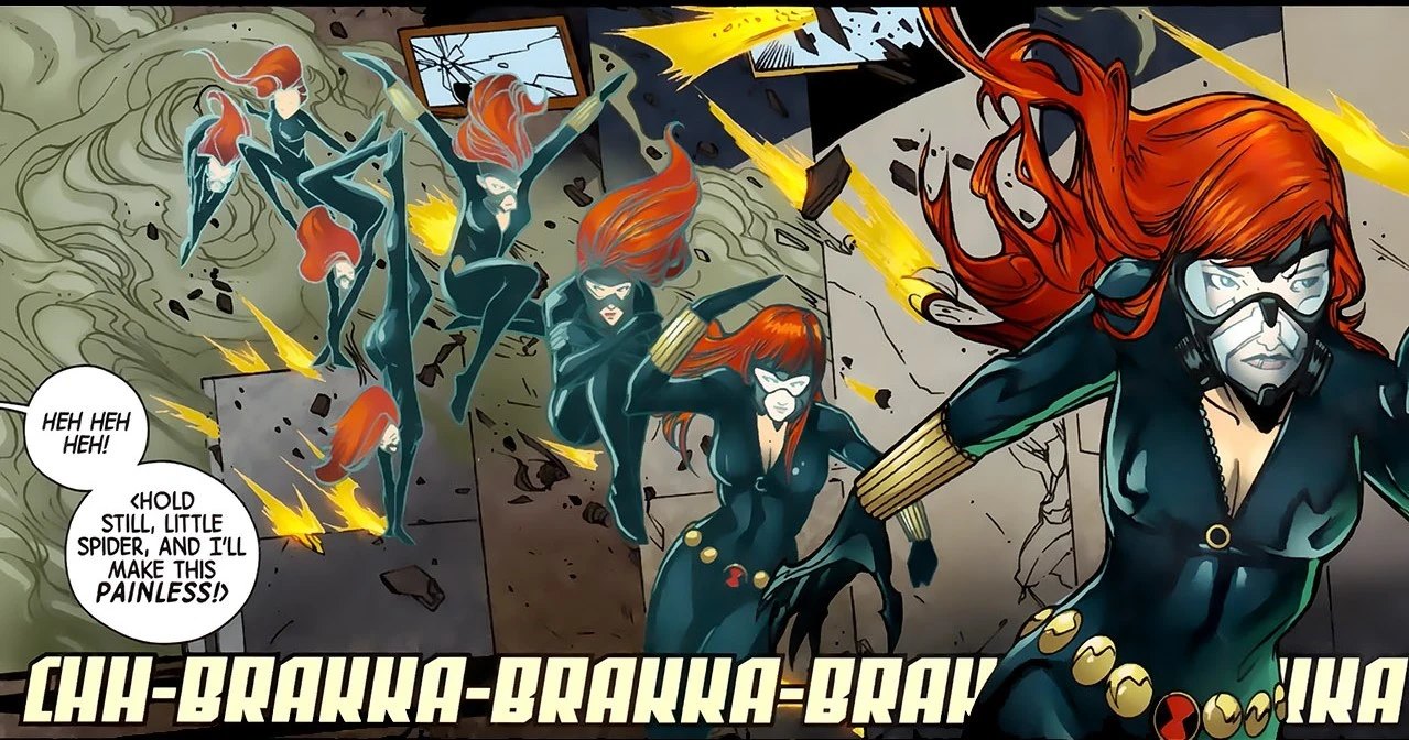Black Widow in a mid-combat action panel from Marvel comics