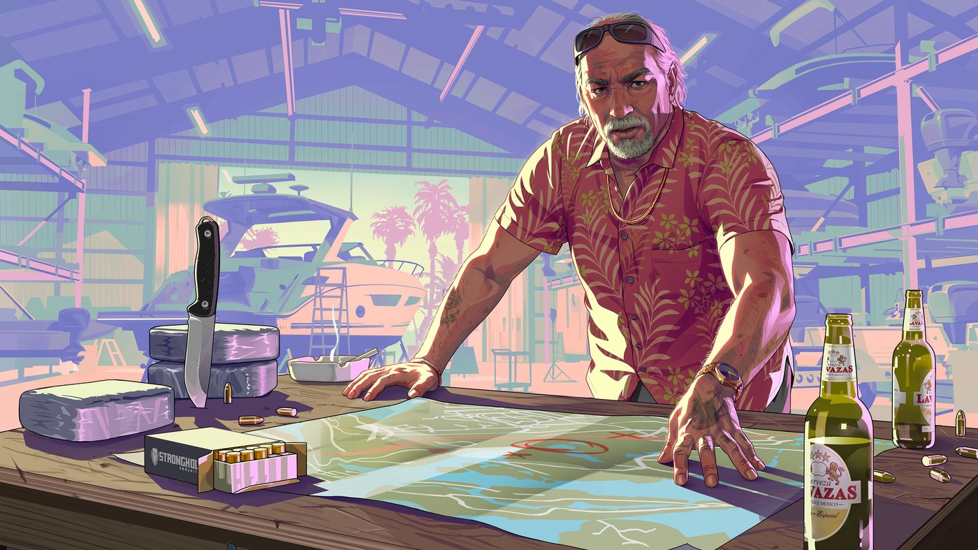 Brian Heder looking over a map in Grand Theft Auto VI key art