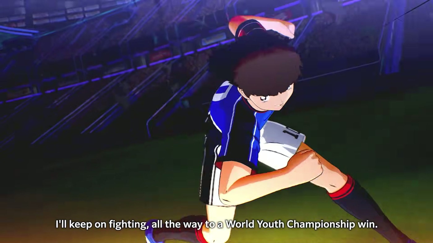 Tsubasa Ozora mid-kick with a subtitle about the World Youth Championship