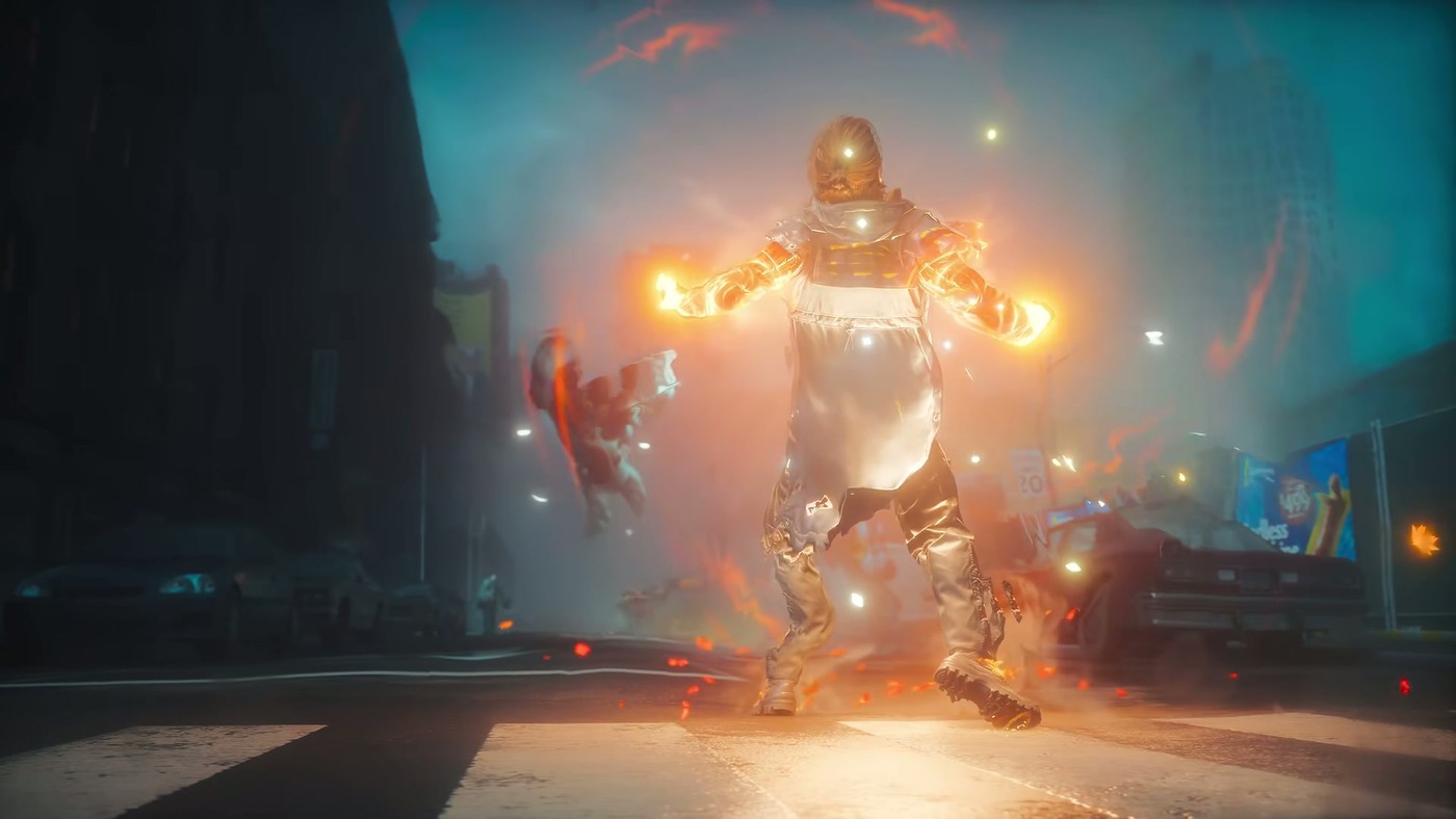 A figure engulfed in fire and paranatural energy in a city street