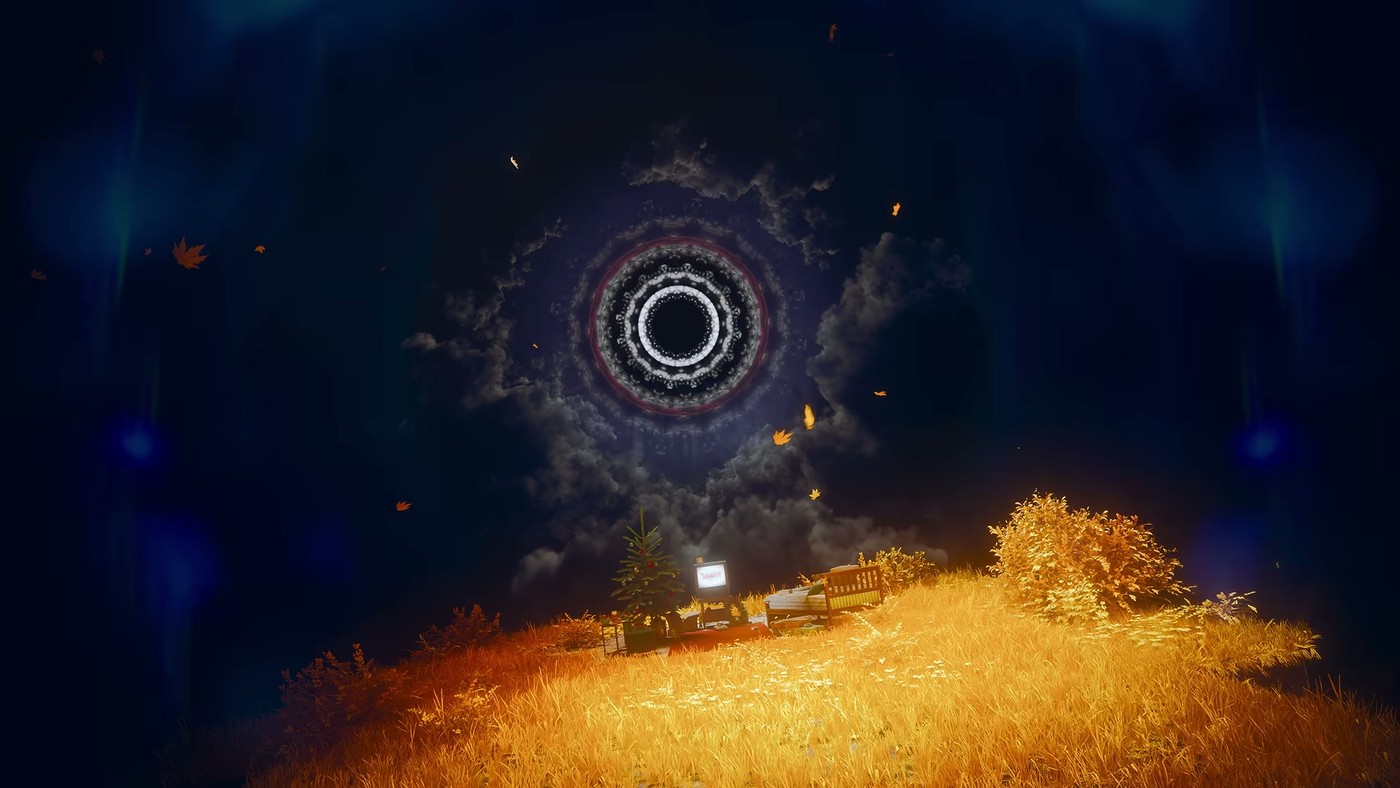 A kaleidoscopic circular portal over a suburban backyard