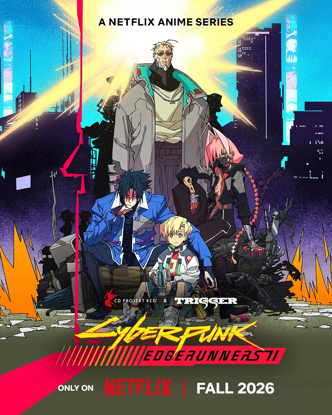 Cyberpunk: Edgerunners 2 Netflix key art showing the new ensemble in Night City